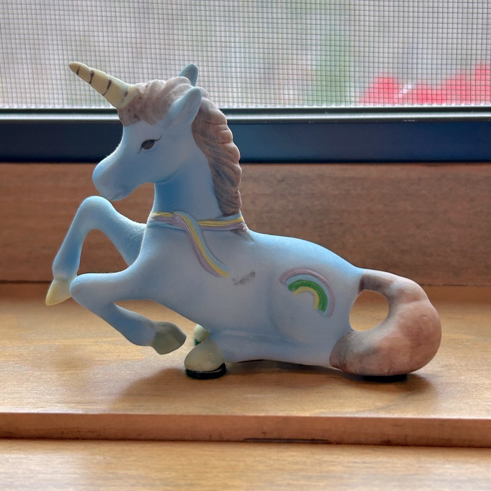 Vintage 80s - Blue Porcelain Unicorn with Rainbow by Aldon